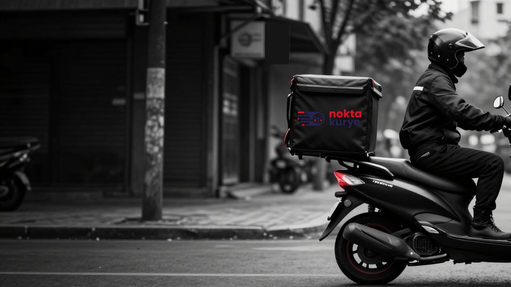 Siyah üniformalı Nokta Kurye çalışanı, Nokta Kurye yazılı teslimat kutusu bulunan kırmızı motosikletin yanında
